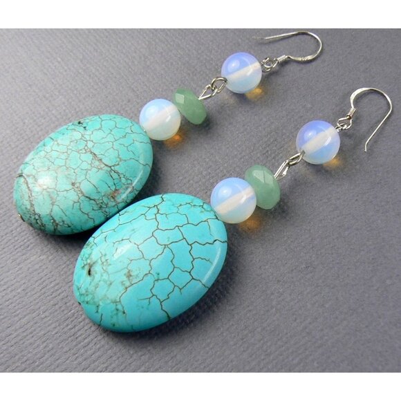 BIG Turquoise Emerald Opalite Silver Earrings - Picture 3 of 6